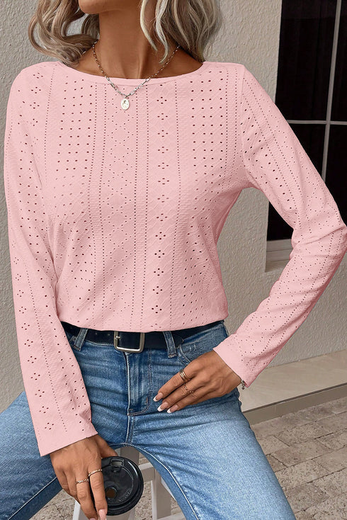 Floral Lace Splicing Eyelet Long Sleeve Top